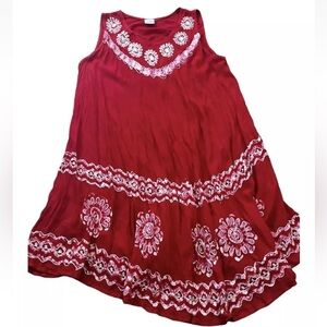 Sahiba Women’s Swim Cover Up, Red, Embroidered White Flowy Knee Length, One Size